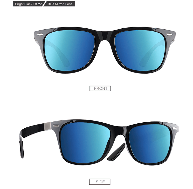 Square ultralight polarized sunglasses with bright black frame and blue mirror lenses, front and side view. Unisex, UV400 protection.